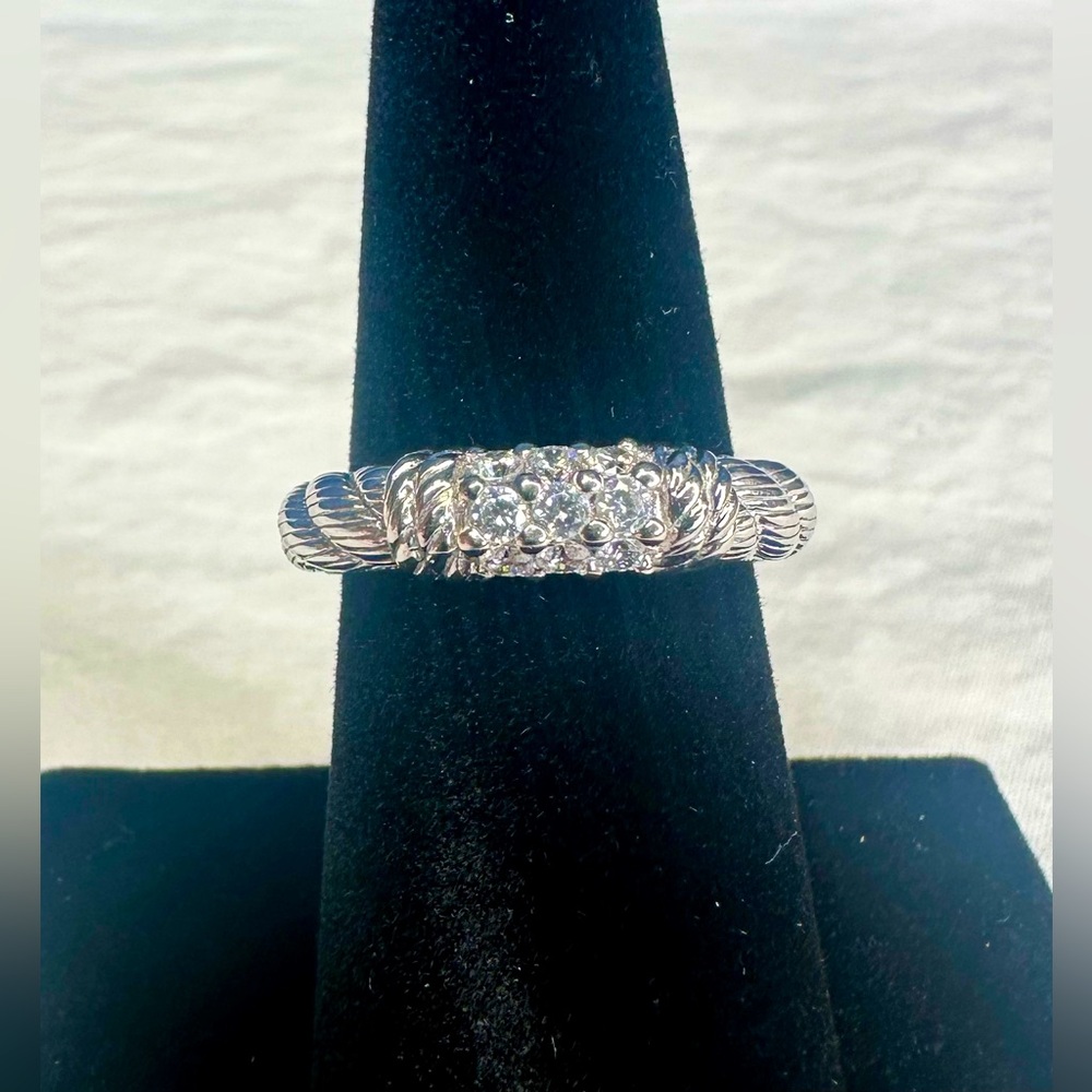 Judith Ripka Silver Twisted Cable Ring with Clear Stones Size 7